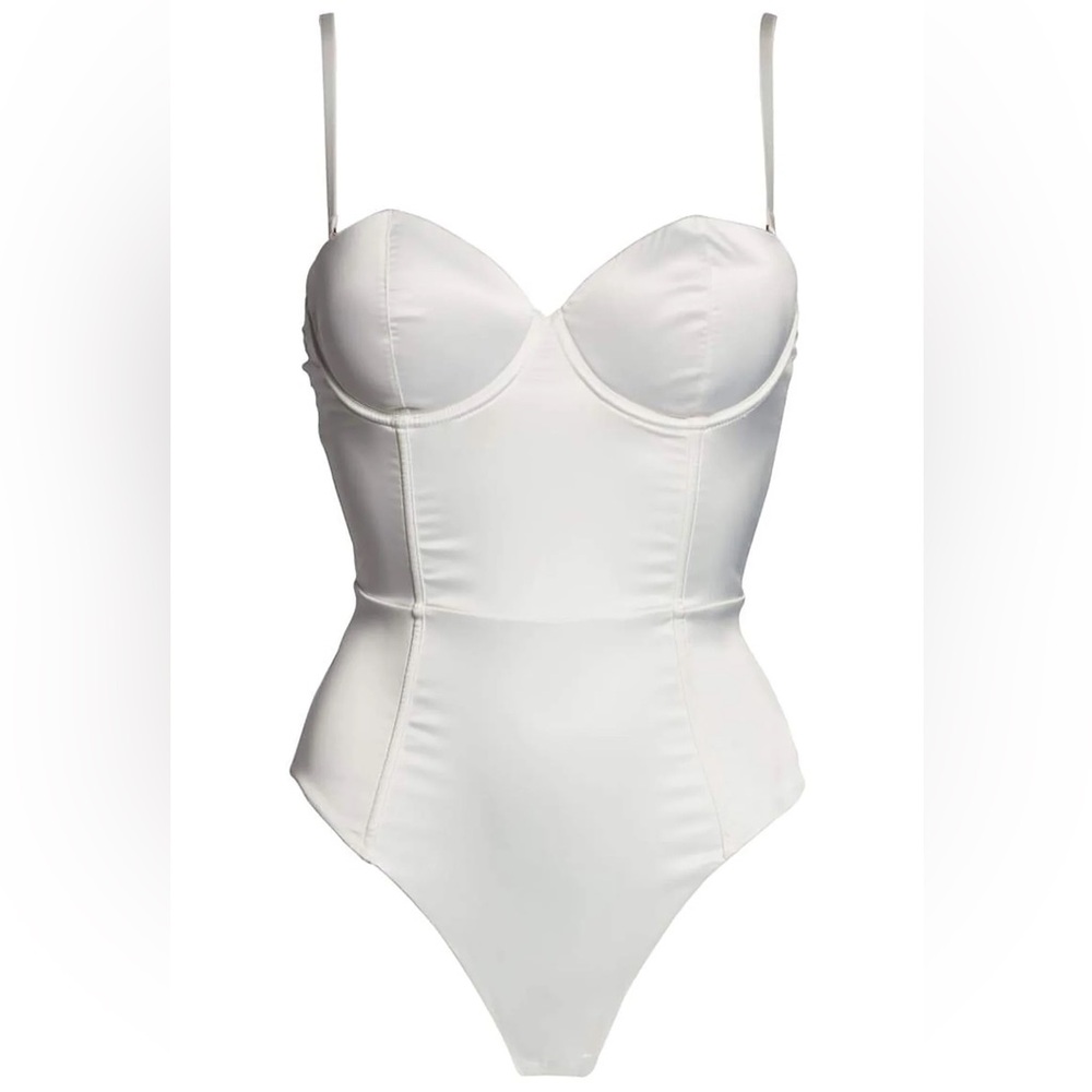 White Bustier-Style Satin Bodysuit Chemise